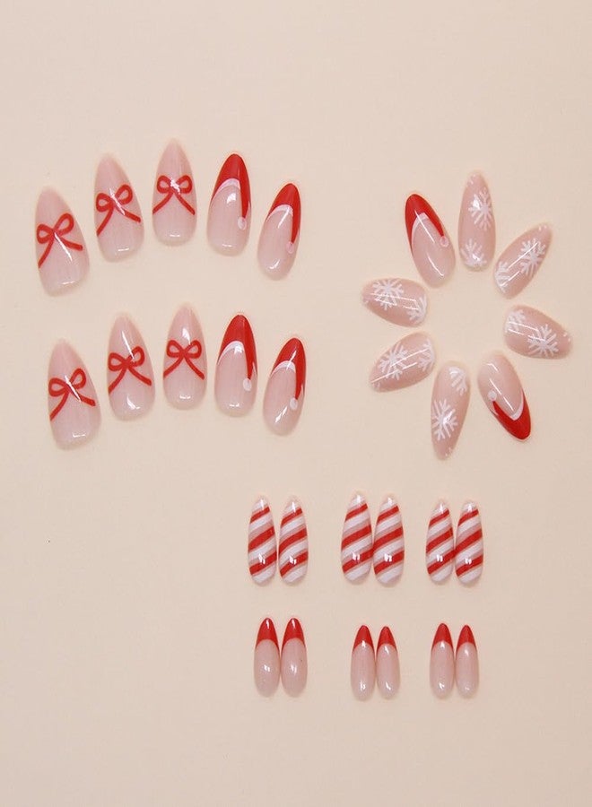 WAFOLOZE Christmas Nails Press On, Short Almond Press On Nails Red French Fake Nails With Bow Stripes Designs Acrylic Artificial Glue On False Nail Press Ons Stick On Nail for Women Girls - Image 4
